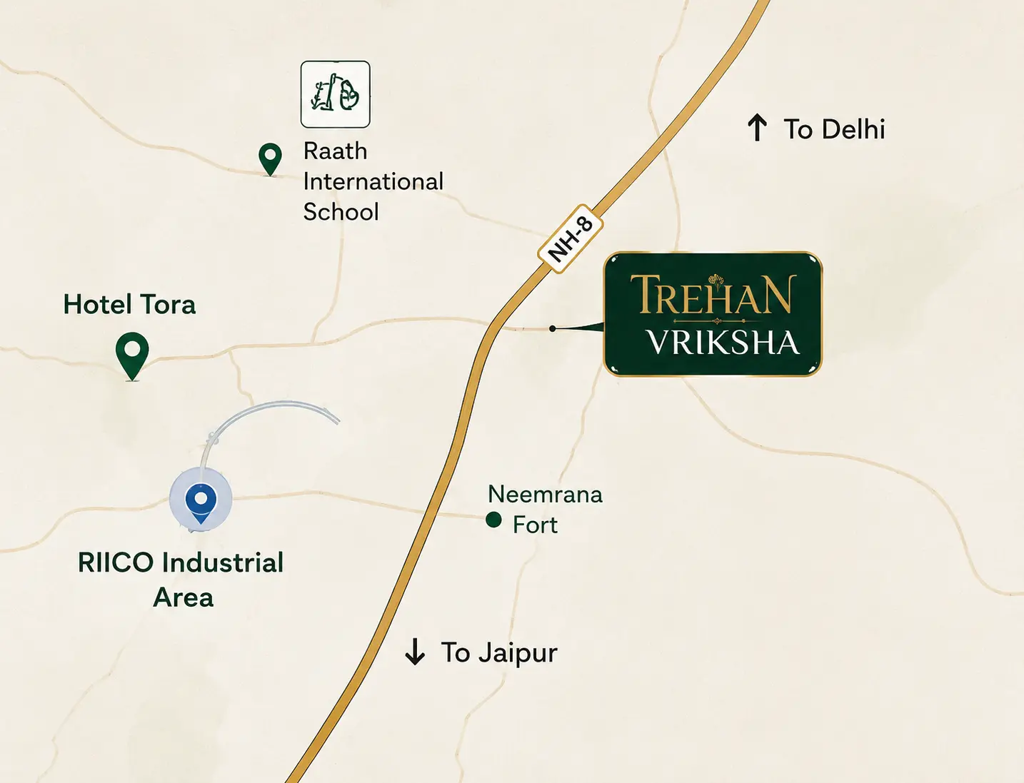 Location map showing Trehan Vriksha on NH-48 between Delhi and Jaipur