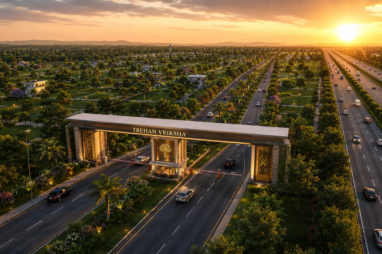 Entrance gate of Trehan Vriksha township at golden hour